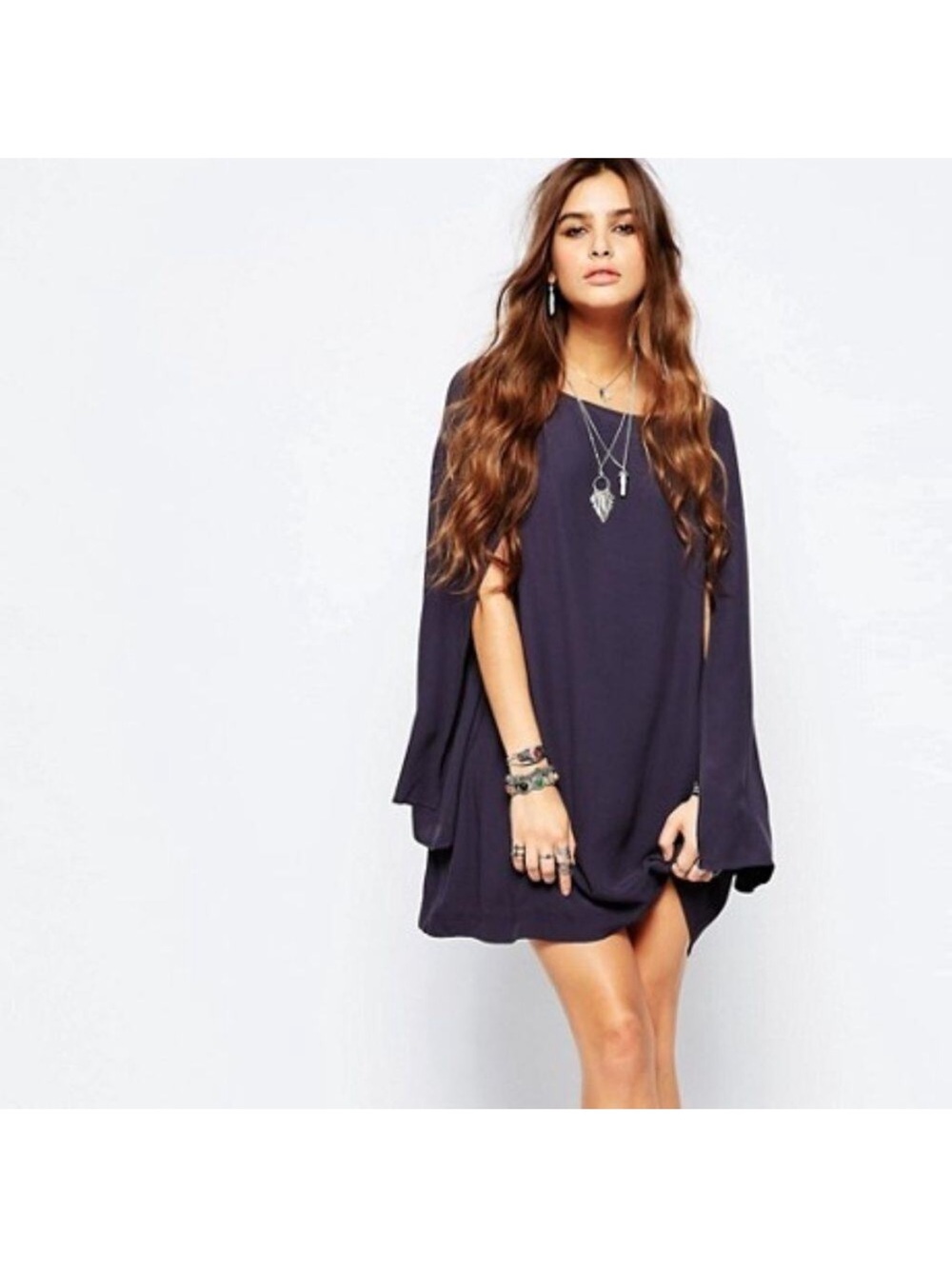 Free People Navy Purple Cape-Sleeve Mini Dress